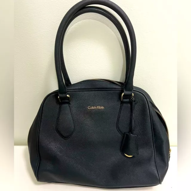 Calvin Klein Saffiano Leather Satchel Top Handle Bag in black