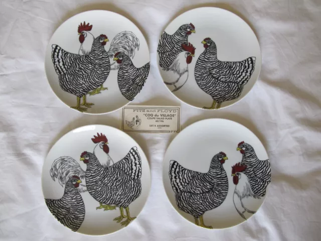 Fitz & Floyd "Coq du Village" Hen & Rooster Chickens 7.5" Salad Plates Set Of 4