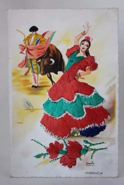 Vintage Spain SILK Embroidered Postcard Tradition Costume Andalucia Bullfighting