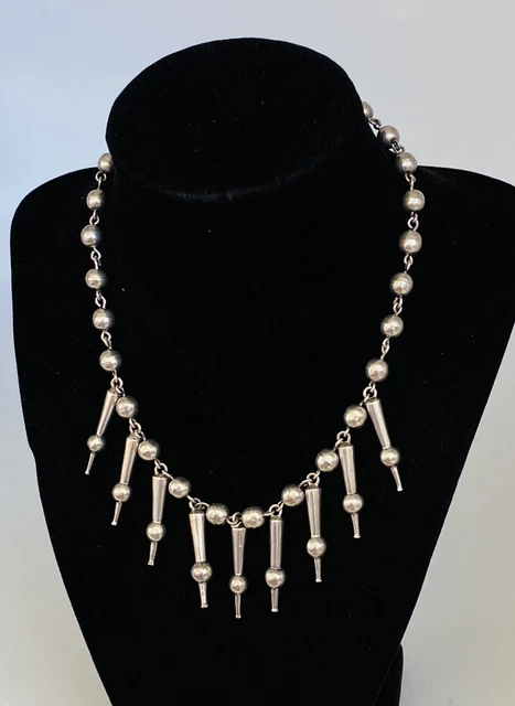 Vintage Mexico Taxco Sterling Silver Ball Bead Spike Link Necklace Heavy 16”
