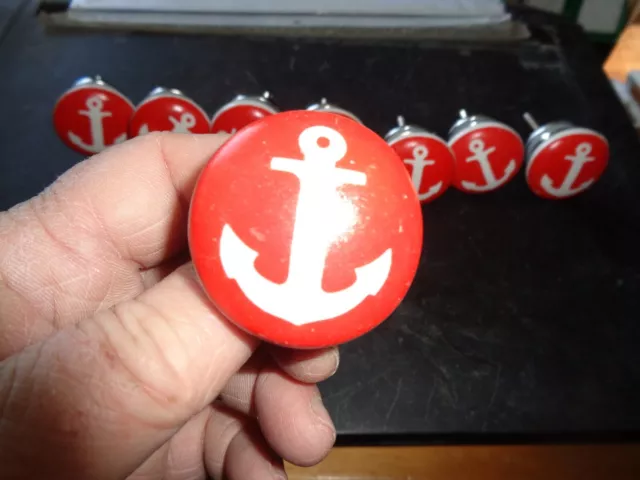 Red and White  ANCHOR Nautical CABINET Dresser DRAWER Pull KNOB Ceramic x 9