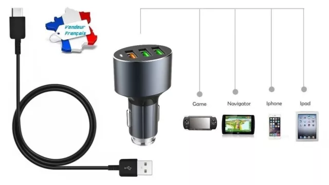 Chargeur Voiture Allume Cigare Intelligent avec 3 Ports USB 3.6A  + Câble Type C