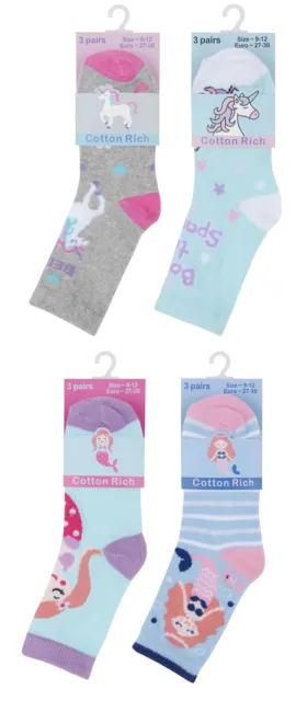 Girls 3 Pk Novelty Cotton Rich Socks ~ Unicorns or Mermaids ~ UK 6.5 - 3.5