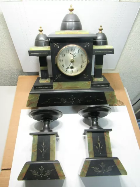 Antique HAC Hamburg American Clock Co MANTLE CLOCK & Pair CANDLESTICKS Nice