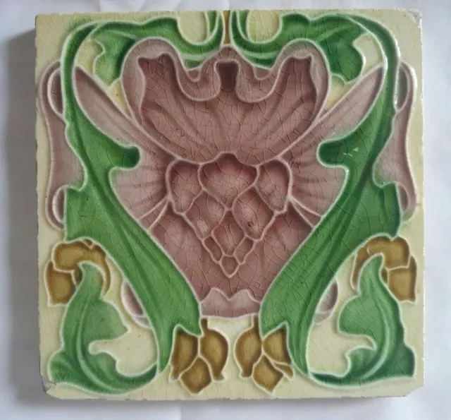 Stunning English Art Nouveau Floral Design 6 Inch Tile (E) Antique