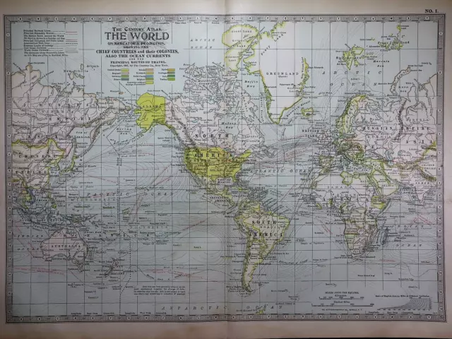 Old 1902 Century Atlas Map ~ THE WORLD on MERCATOR'S PROJECTION ~(12x16) -#1134