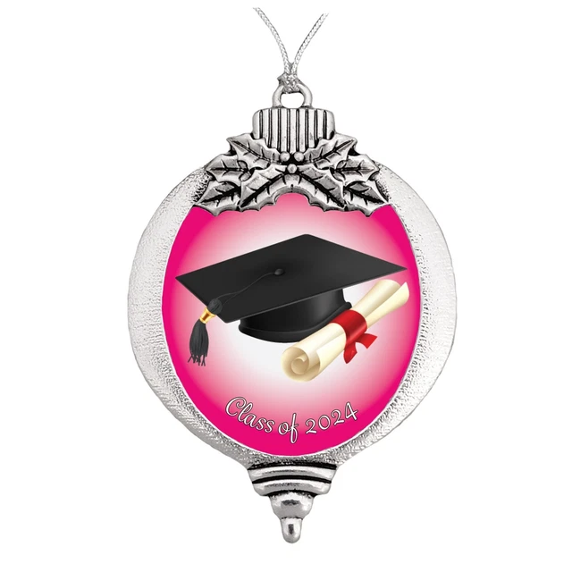 CLASS OF 2024 Pink Christmas Bulb Silver Metal Ornament Gift Graduation