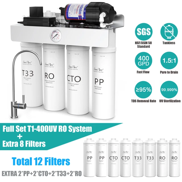 SimPure T1-400GPD 8 Stage UV Reverse Osmosis System Tankless RO+12 Water Filters