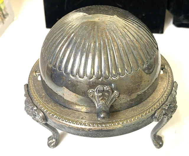 【F.B. Rogers】 ライオンのバターディッシュ ロールトップ式 ライナー Antique F.B Rogers Silver-Plated Lion Head and Footed Butter