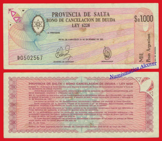 ARGENTINA PROVINCIA DE SALTA 1000 Pesos 1985 Pick S2604  MBC+ / VF+