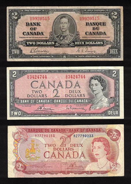1937, 1954 & 1974 $2.00 ** Nice Vintage Bank of Canada OLD Two Dollar Bills Set
