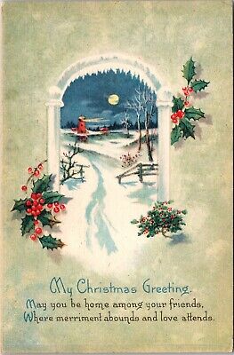 Christmas Greeting Snowy Lighthouse Harbor Scene Holly c1920 Postcard