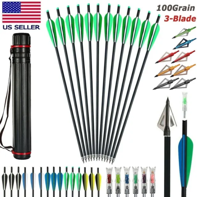 12X 20" Crossbow Bolts Carbon Arrows /12X Hunting Broadheads Nock / Quiver Tube