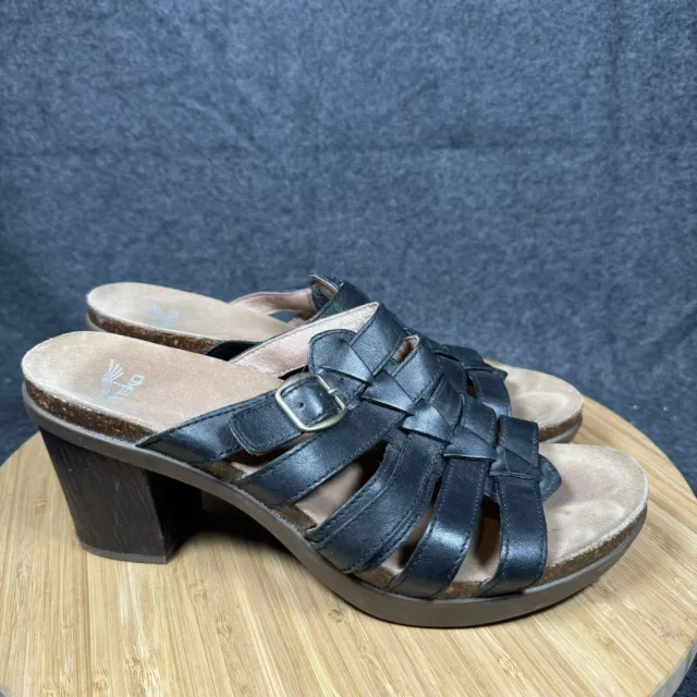 DANSKO Dina Black Leather Block Heel Slip On Comfy Sandals EU 39 8.5/9 US