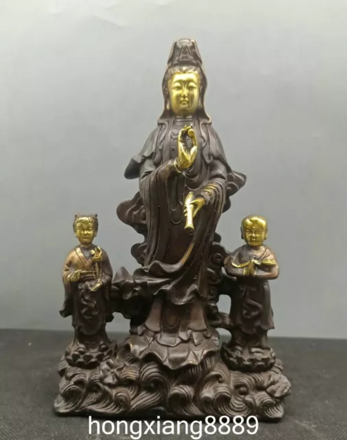 8.2" Old China Bronze Gilt Tongzi Kid Kwan-yin Guanyin Quanyin Goddess Statue
