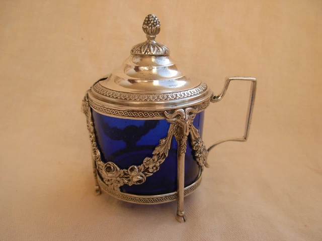 ANTIQUE FRENCH SOLID SILVER MUSTARD POT WITH BLUE CRYSTAL LINER,LATE 19th.