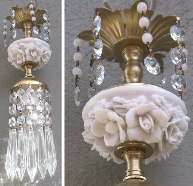 Vintage lamp Porcelain Ivory Rose Brass tole chandelier Swag crystal w beads