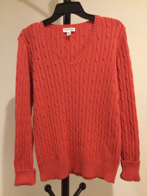 New Women’s ST.JOHN’S BAY V-neck Long Sleeve Red Cotton Knit Sweater Top  Size L