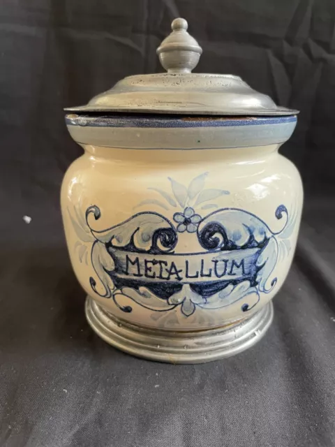 antique ceramic apothecary jar  "Metallum". Tin lid