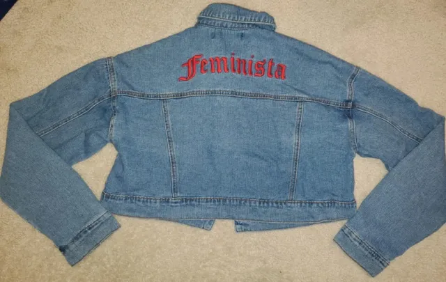 Forever 21 Women's Size Large Cropped Denim Jacket Embroidered "Feminista"