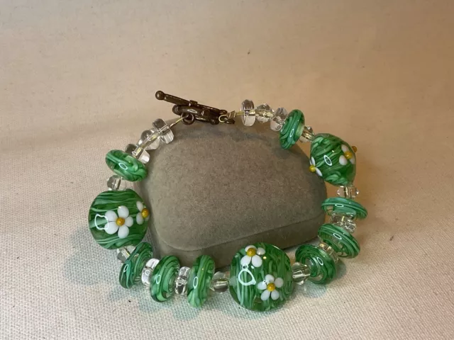 Hand Blown Marano Glass StylBracelet Unusual Beads Have Flowers Applied Stunning