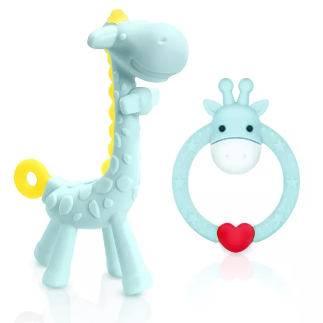 SHARE&CARE BPA Free 2 Silicone Giraffe Baby Teether Toy Blue With Storage Case