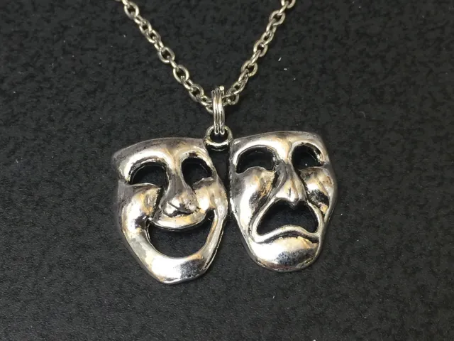 Theater Mask Comedy Tragedy Charm Tibetan Silver 18" Necklace BIN