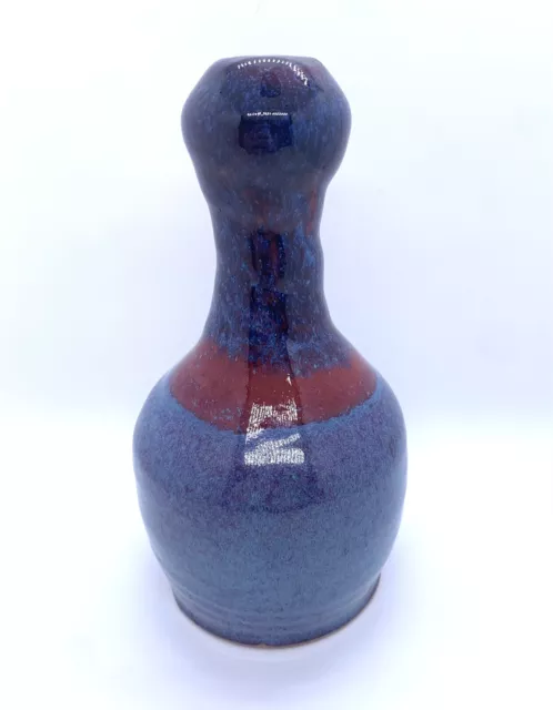 Studio Art Pottery Garlic Bulb Neck Bud Vase Blue Red Drip Glaze 7” Tall Signed
