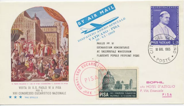 VATIKANSTADT 1965 superb rare Special Flight "VATICANO - PISA" w. 15 L Pope Paul