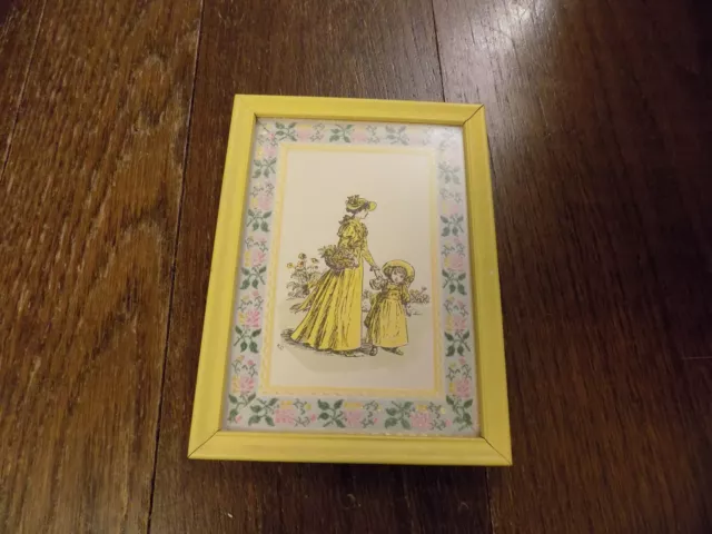 Vtg KATE GREENAWAY Ribbon Framed One Of A Kind Workshop Flowers Mom Girl Yellow