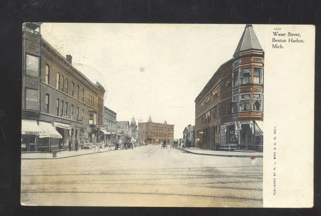 Benton Harbor Michigan Downtown Water Street Scene Vintage Postcard