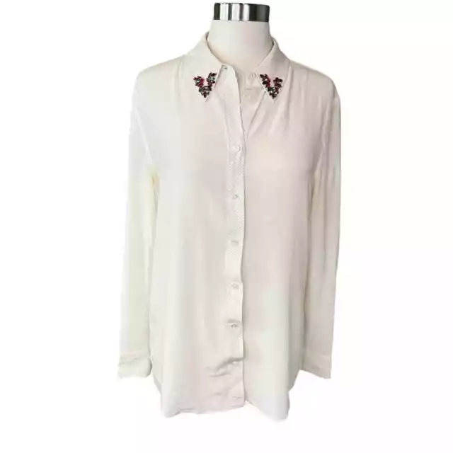 Equipment Blouse Womens Silk Embellished Long Sleeve Button Up Off White Small