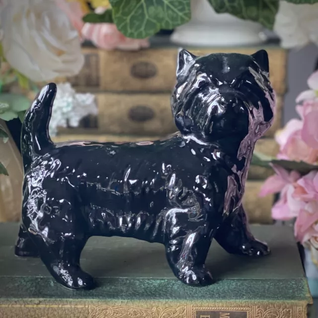 West Highland Terrier Dog Puppy Figurine Ornament Black Glazed Ceramic 7”x6”