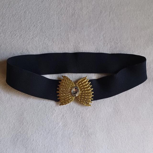 Vintage 80s Stretch Waist Belt Adult One Size Black Gold Sparkly Wings Elastic