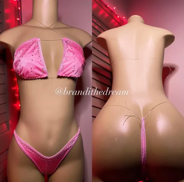 Pink Rhinestoned Exotic Micro Bikini Dancer Stripper Outfits Sexy Dancewear.