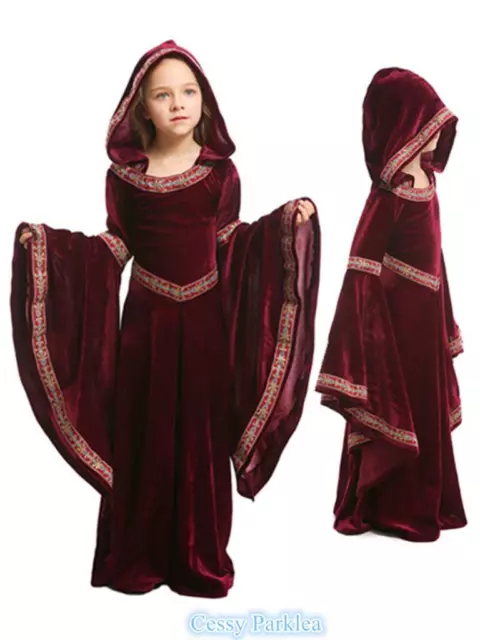U-E12 Girls Deluxe Burgundy Gown Game Thrones Renaissance Medieval Queen Costume