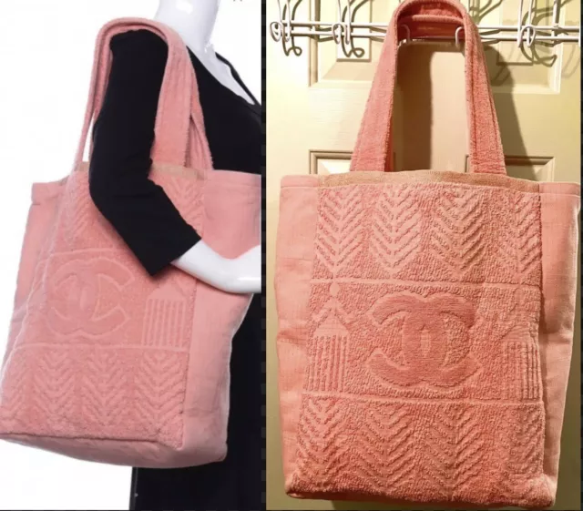 Chanel 2019 Logo Barbie Pink Terry Logo Large Purse  Shoulder Tote Bag Receipt L