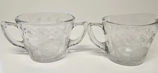 Vtg Clear Glass Cream & Sugar Set with Etched Flowers Leaves Crosshatch