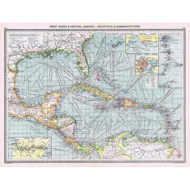 Antique Map 1906 - West Indies - Industrial and Communications -Harmsworth Atlas