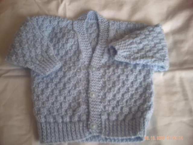 Hand Knitted Blue Baby Cardigan Size 0-3 Months.