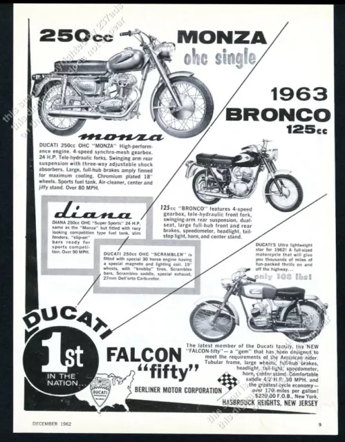 1963 Ducati Monza 250 Falcon Fifty Bronco motorcycle photo vintage print ad