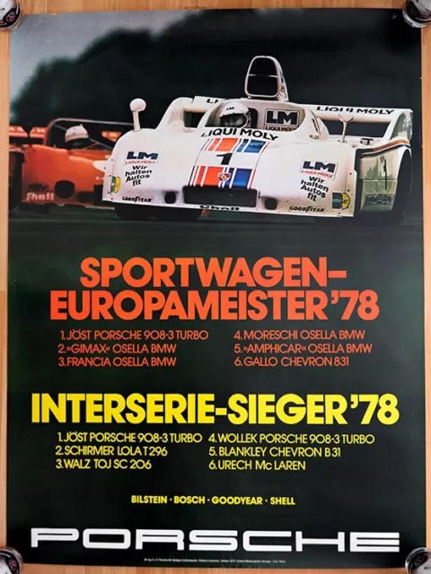 orig. Porsche Plakat Poster "Interserie" 1978 Europameister Sieger Porsche 908