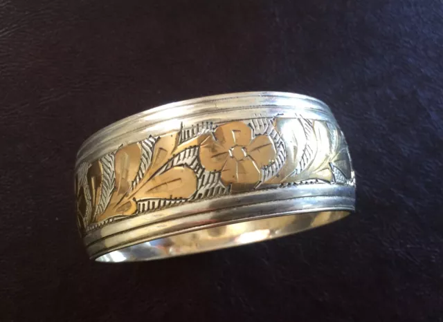 Vintage India Silver & Brass Fancy Floral Engraved Eternity Bange Bracelet