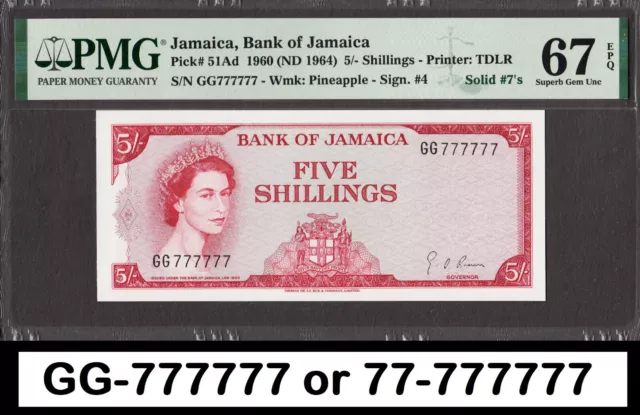 Jamaica 5 Shillings 1960 (1964) QEII SOLID # GG 777777 P-51Ad GEM UNC PMG 67 EPQ