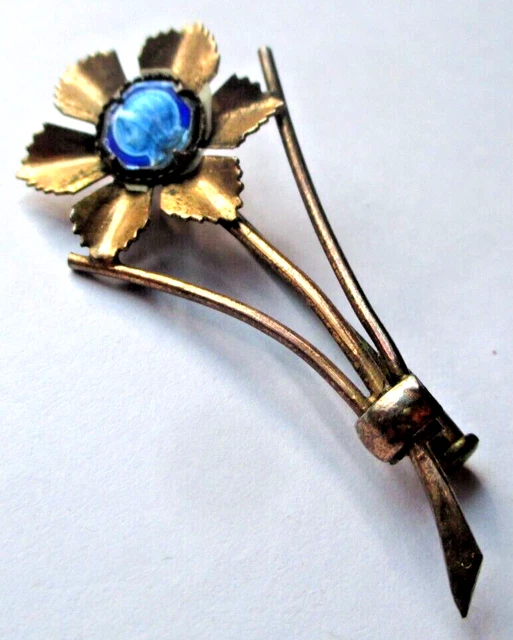 Broche Ancienne Plaqué Or Avec Émaux D'Art Dôme Bleu Et Rose - Bijou Vintage Unique, Bon État