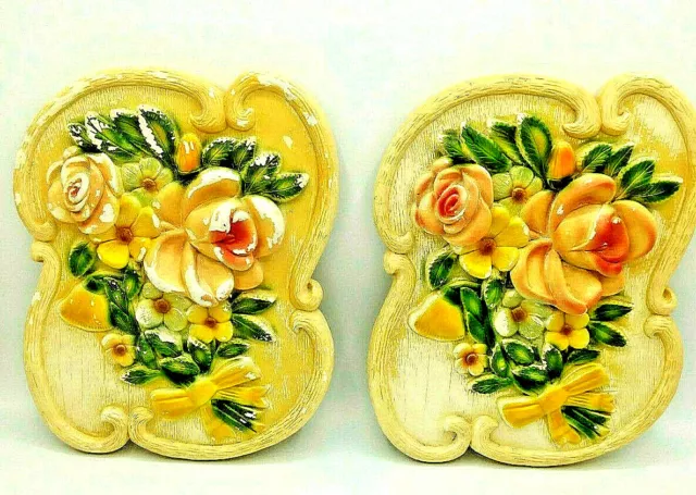 Vintage 3D Bouquet Chalkware Set Wall Art Roses Daisies Pink Yellow Green Blue