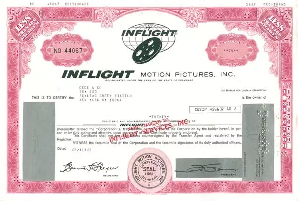 Inflight Motion Pictures - Stock Certificate - Entertainment Stocks & Bonds