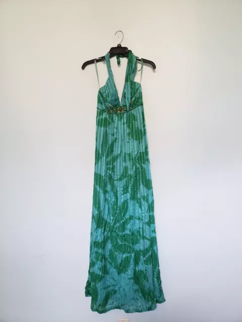 BCBGMAXAZRIA Womens 2 Silk Maxi Dress Halter Neck Sleeveless Green Blue Bling