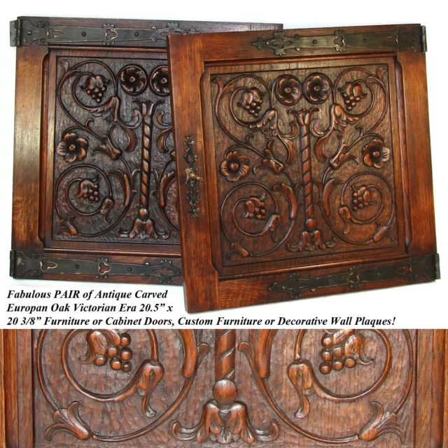 PAIR Antique Victorian 20" Carved Architectural Furniture Door Panels, Gothic 2