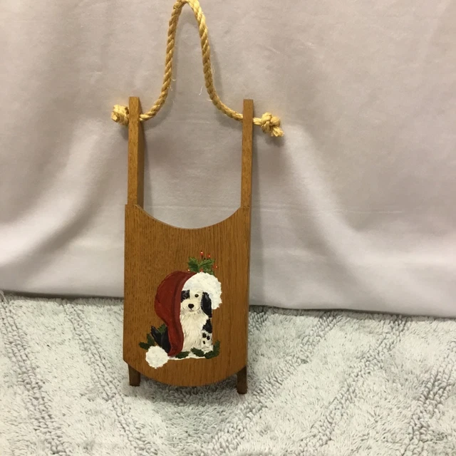 VTG Primitive Wooden Hand Painted Sled Christmas Ornament Door Hanger - Signed
